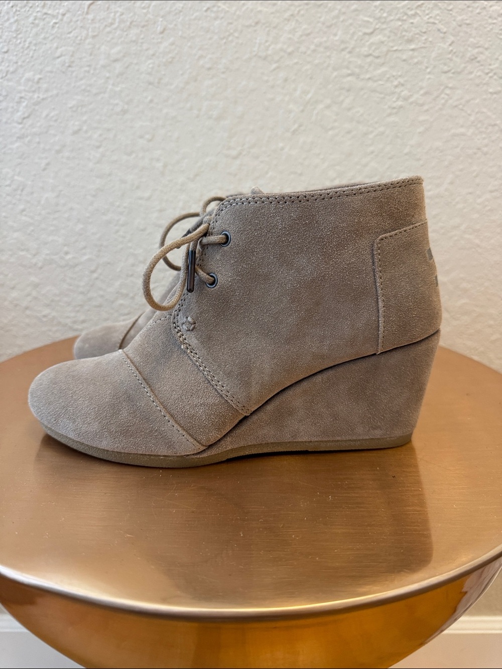 TOMS Kala Suede Lace-Up Wedge Booties in Desert Taupe
